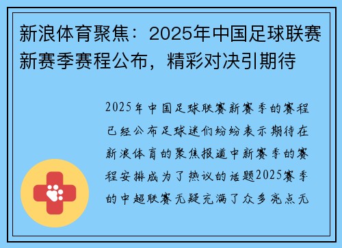 新浪体育聚焦：2025年中国足球联赛新赛季赛程公布，精彩对决引期待